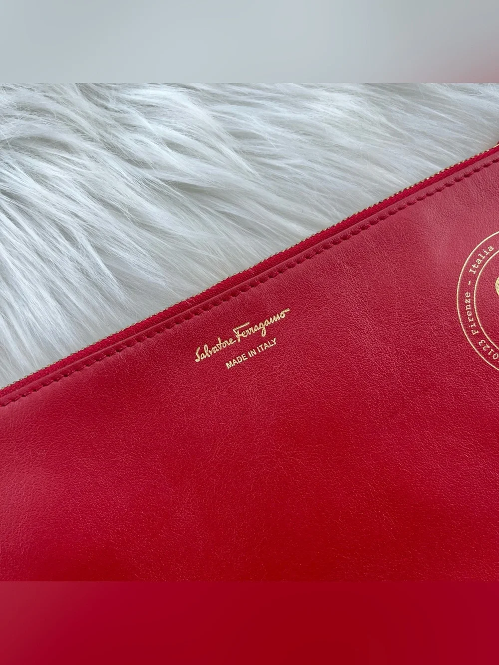 SALVATORE FERRAGAMO Red Leather Letter Envelope Zip Pouchette Wallet Clutch bag